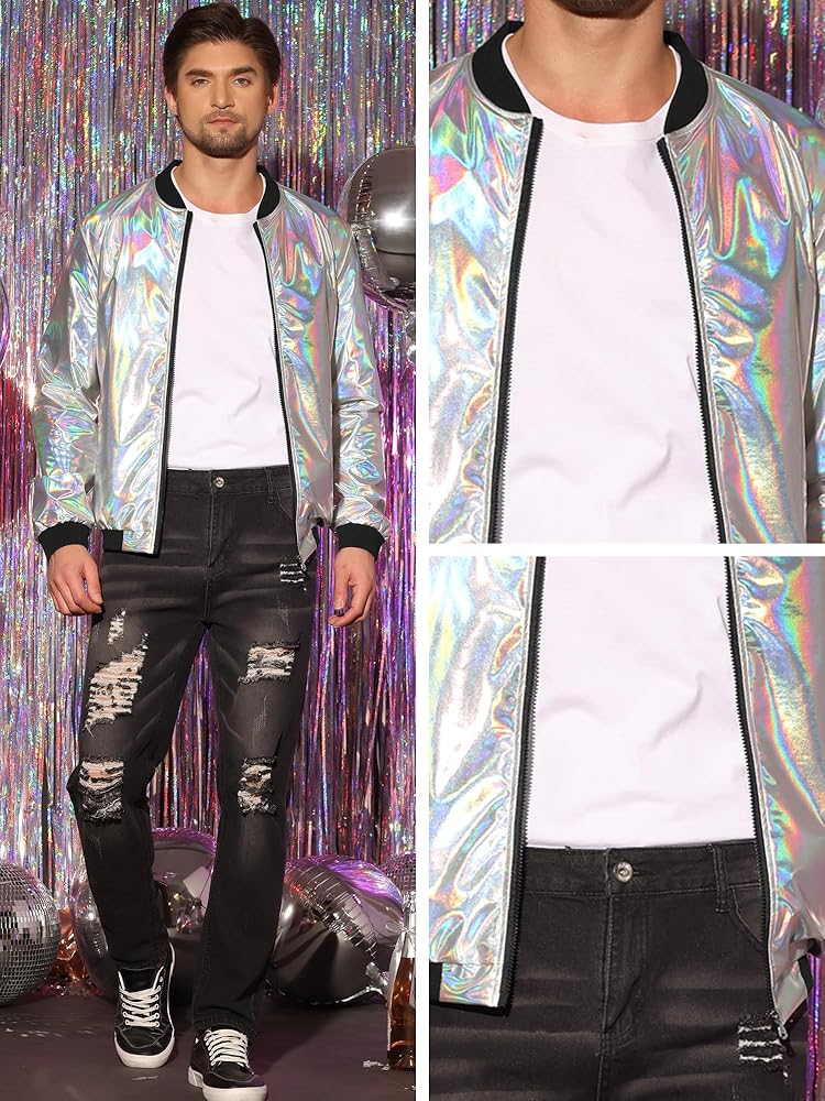Lars Amadeus Metallic Varsity Silver Holographic Jacket for